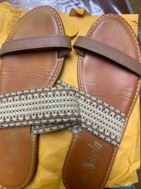 SHEIN Brown and Cream Woven Double-Strap Slide Sandals